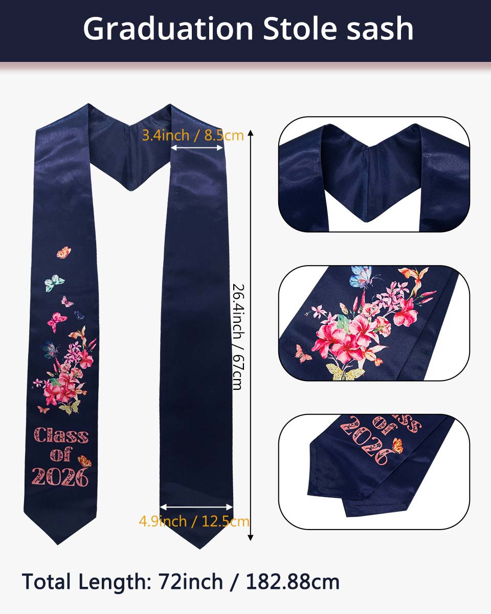 Class of 2026 Adults Floral Imprinted Graduation Stoles with Classic End - 7 Colors Available