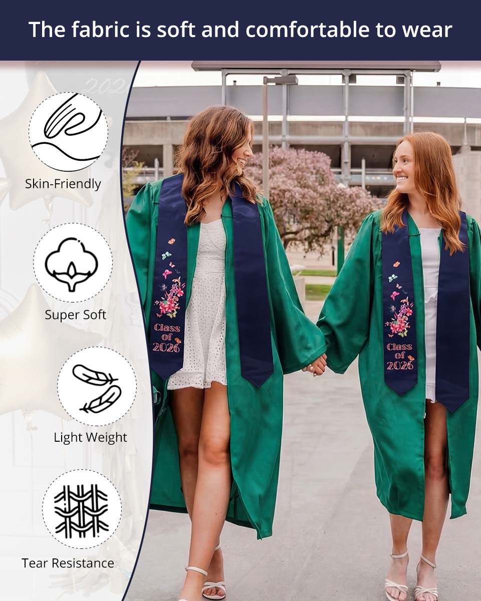 Class of 2026 Adults Floral Imprinted Graduation Stoles with Classic End - 7 Colors Available