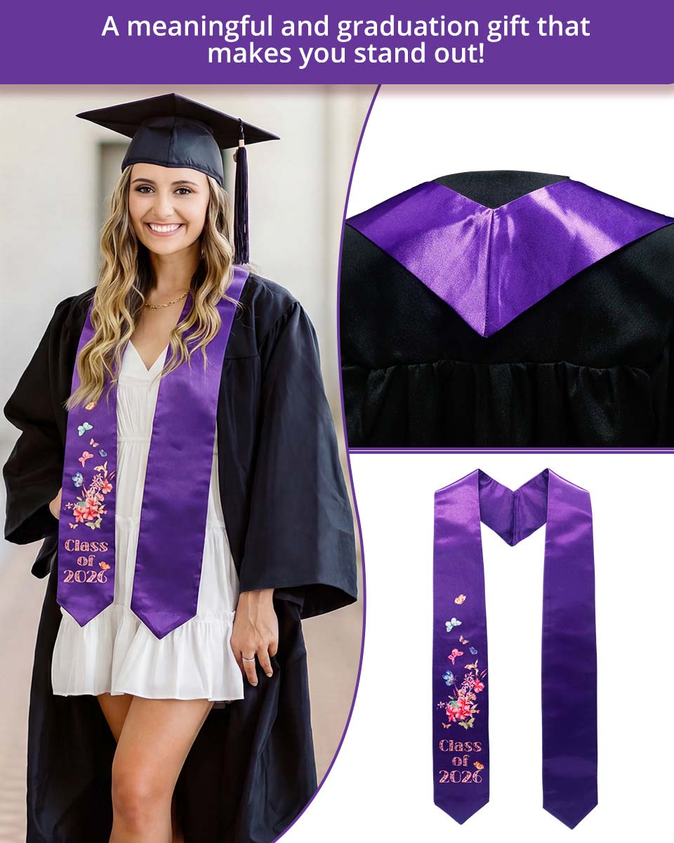Class of 2026 Adults Floral Imprinted Graduation Stoles with Classic End - 7 Colors Available