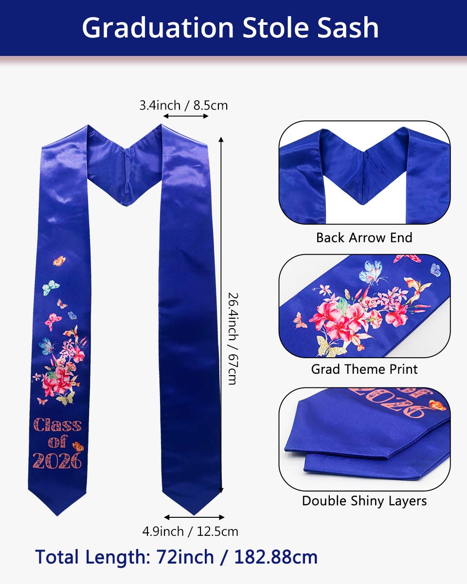 Class of 2026 Adults Floral Imprinted Graduation Stoles with Classic End - 7 Colors Available