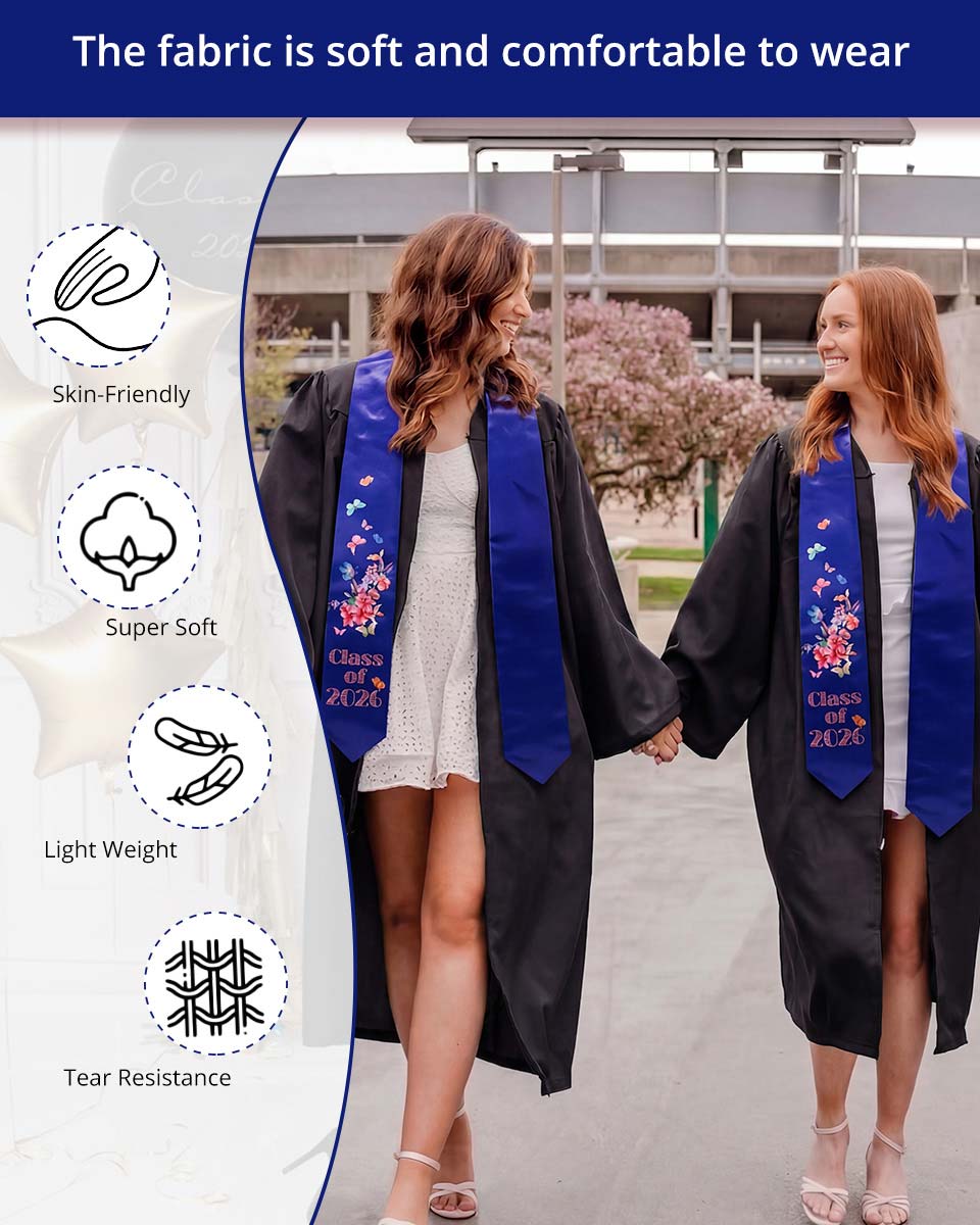 Class of 2026 Adults Floral Imprinted Graduation Stoles with Classic End - 7 Colors Available