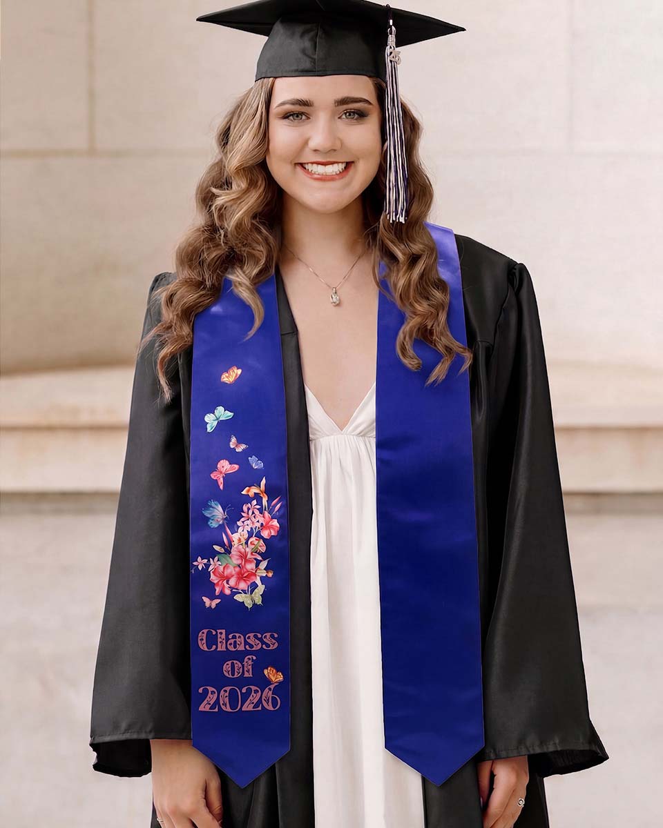 Class of 2026 Adults Floral Imprinted Graduation Stoles with Classic End - 7 Colors Available