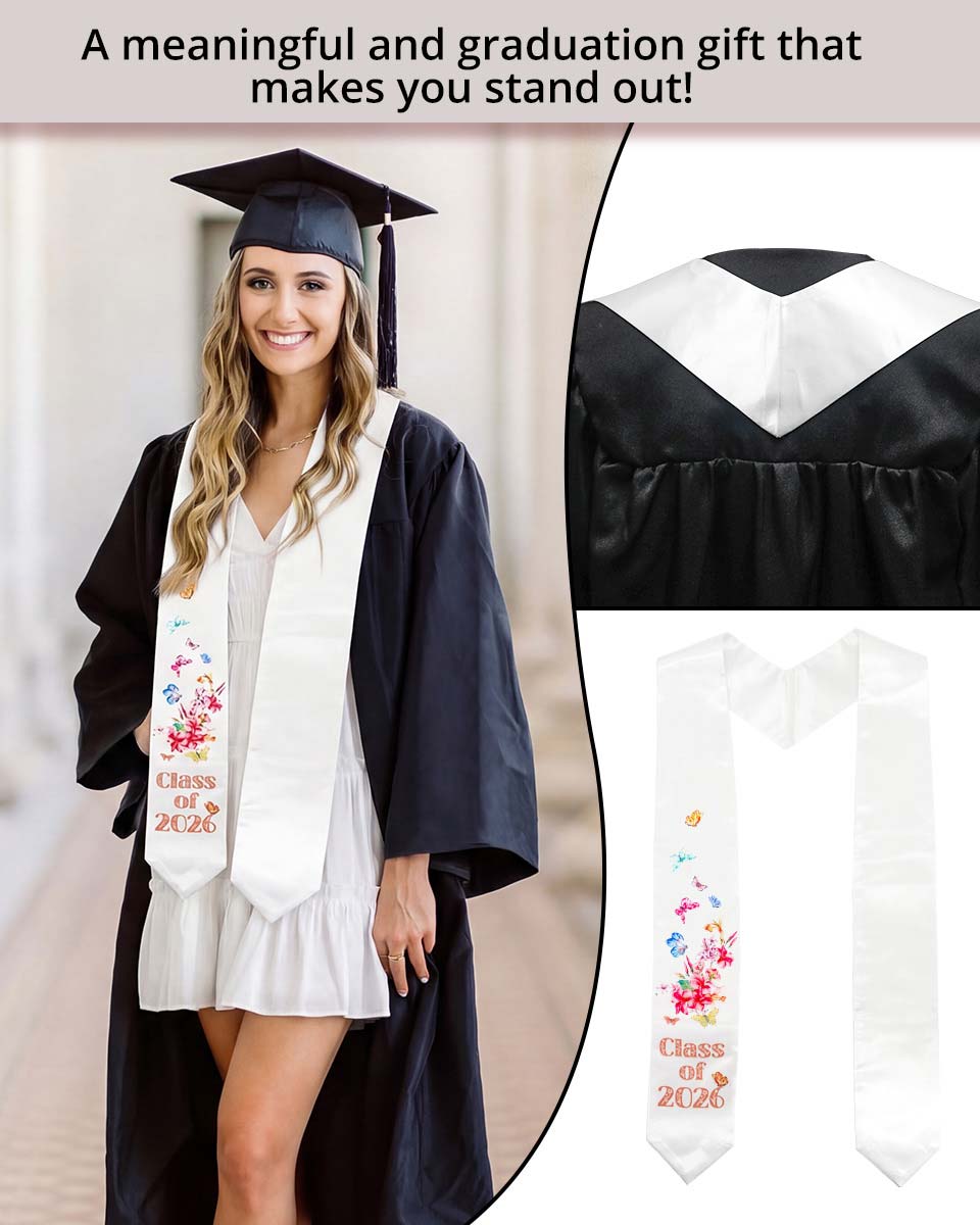 Class of 2026 Adults Floral Imprinted Graduation Stoles with Classic End - 7 Colors Available