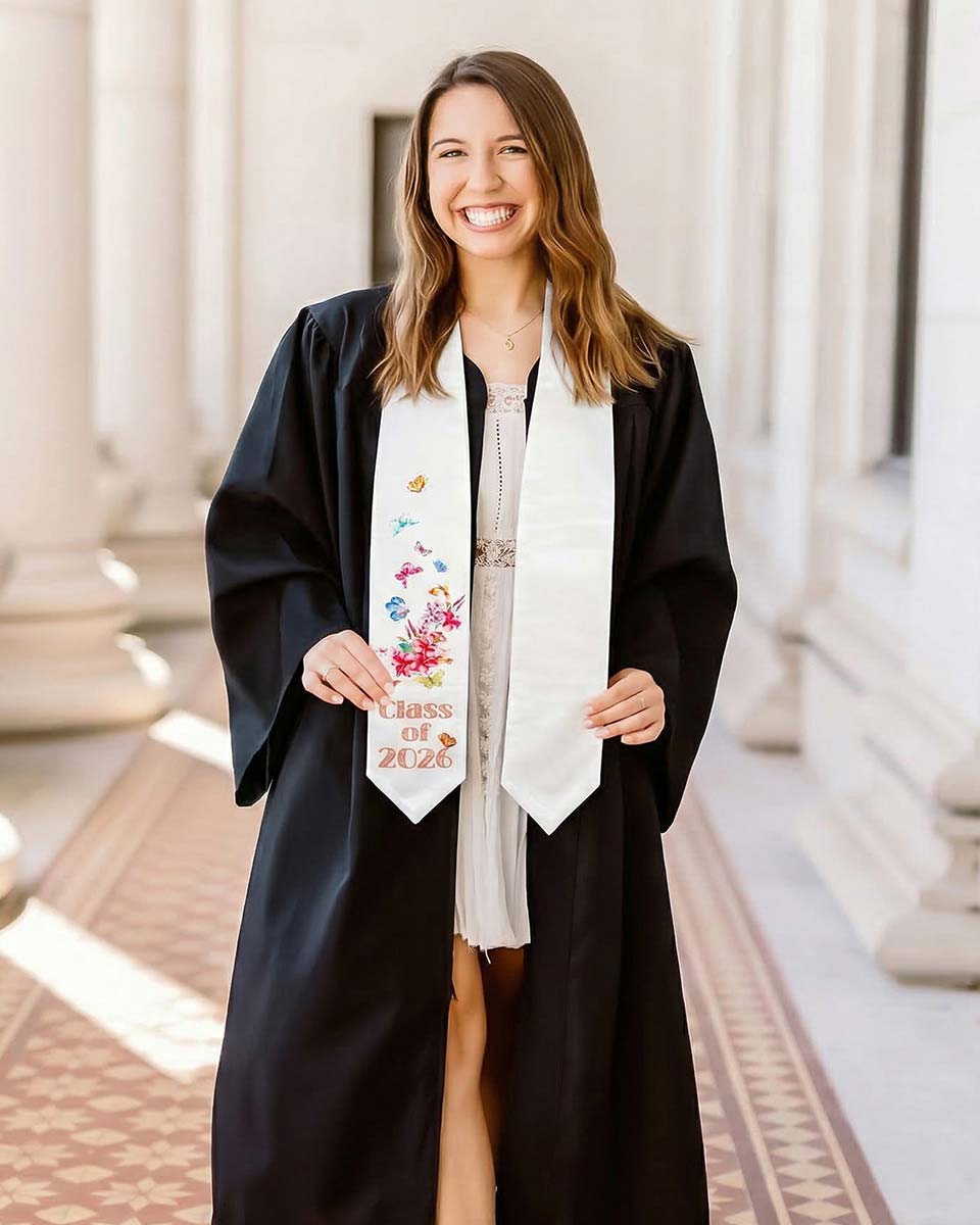 Class of 2026 Adults Floral Imprinted Graduation Stoles with Classic End - 7 Colors Available