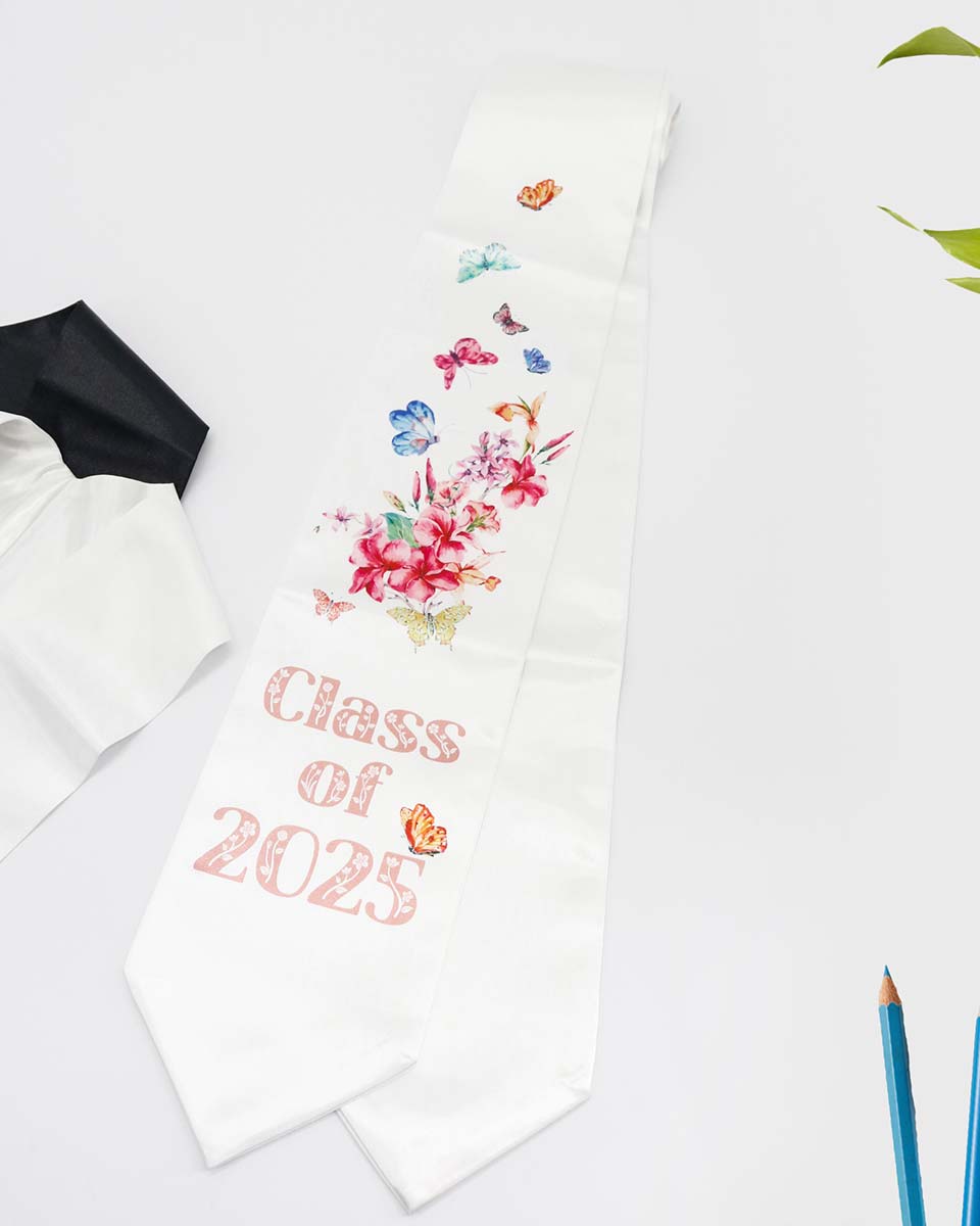 Class of 2025 Adults Floral Imprinted Graduation Stoles with Classic End - 2 Colors Available