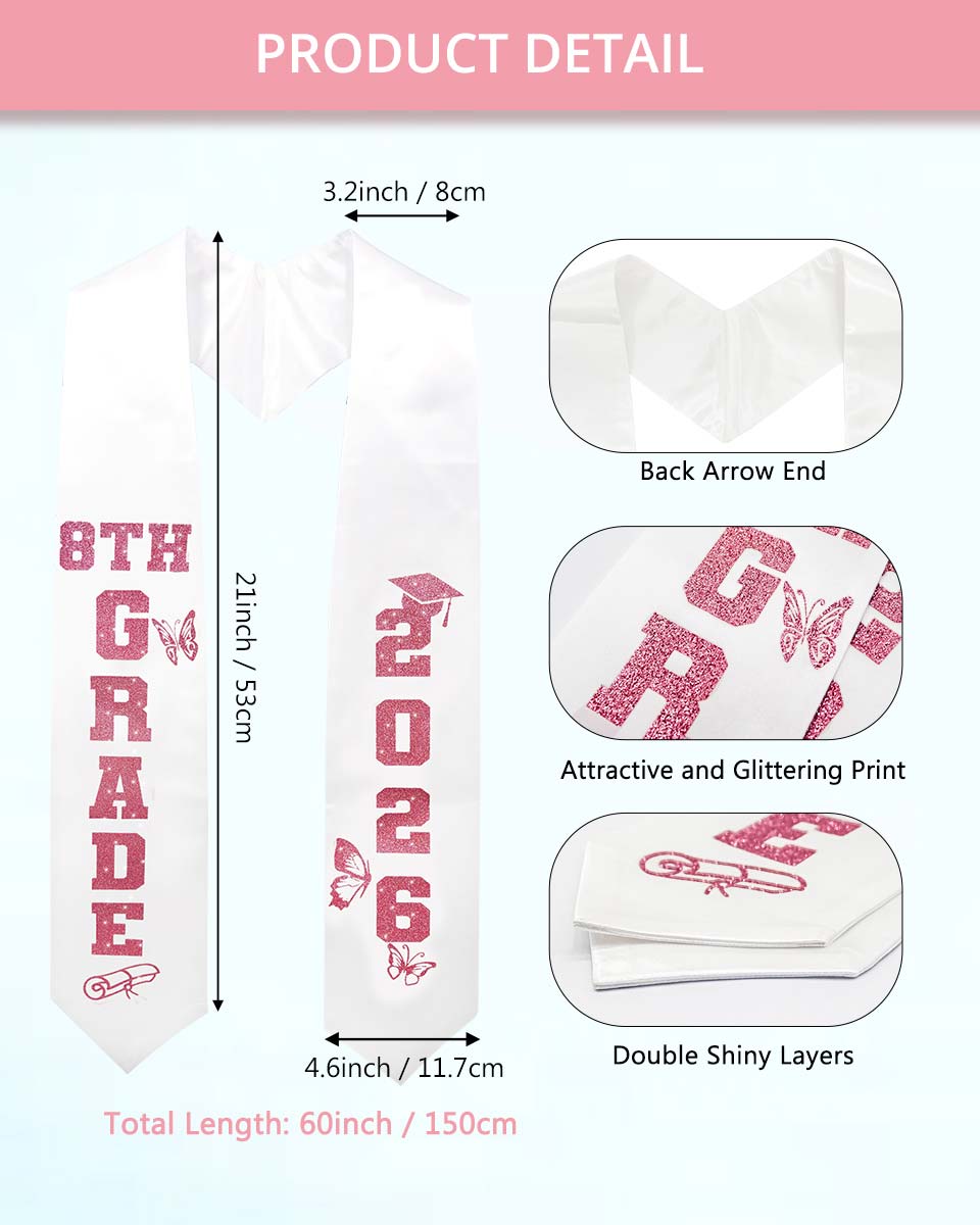 Class of 2026 8th Grade Graduation Stole with Glitter Letter - 2 Color Available