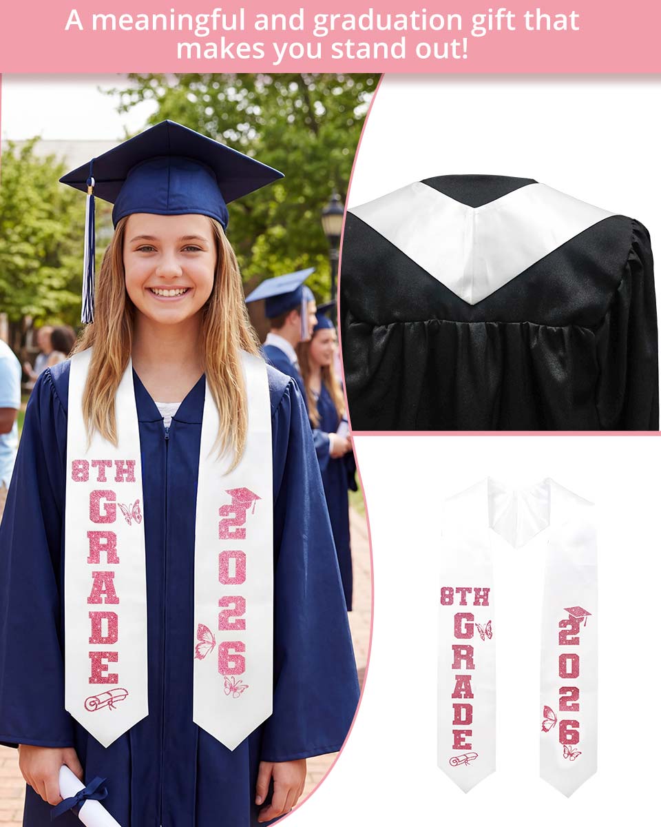 Class of 2026 8th Grade Graduation Stole with Glitter Letter - 2 Color Available