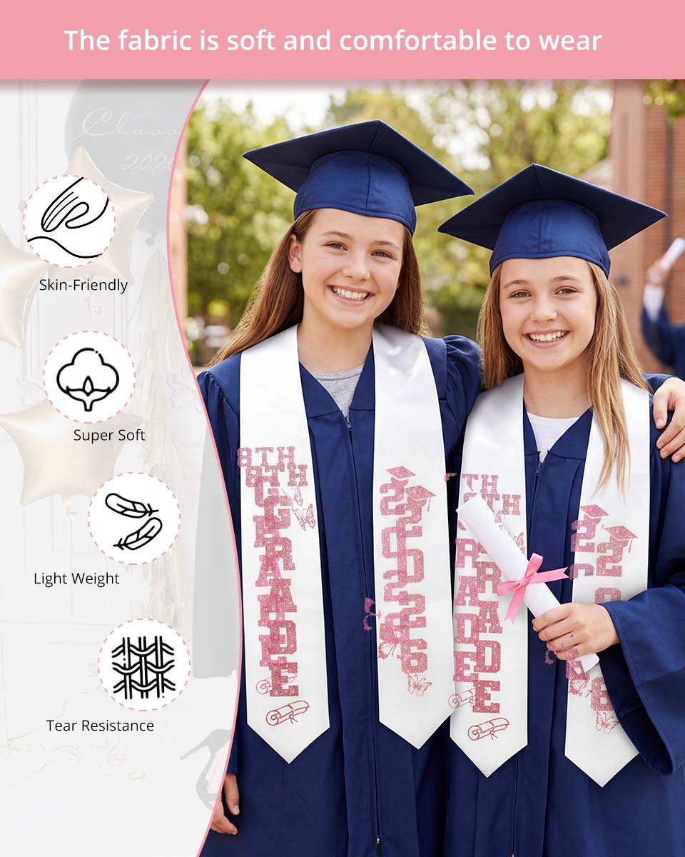 Class of 2026 8th Grade Graduation Stole with Glitter Letter - 2 Color Available