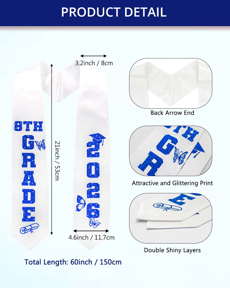 Class of 2026 8th Grade Graduation Stole with Glitter Letter - 2 Color Available