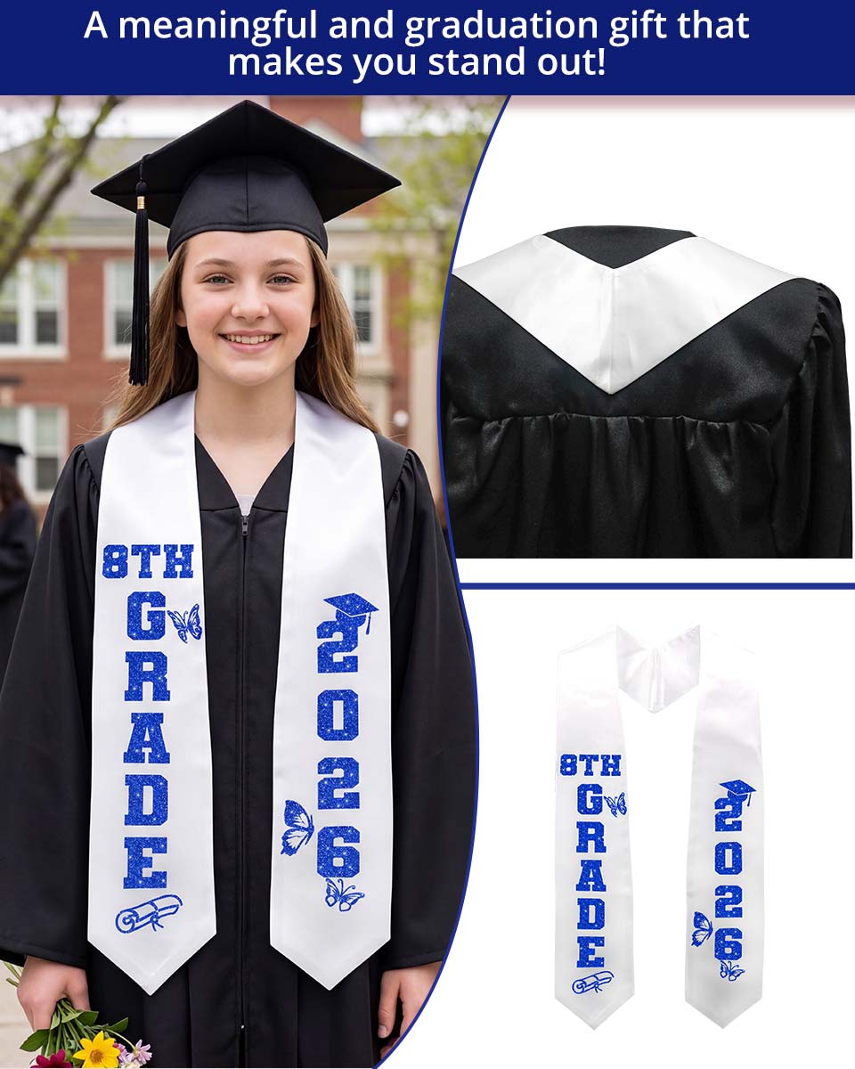 Class of 2026 8th Grade Graduation Stole with Glitter Letter - 2 Color Available