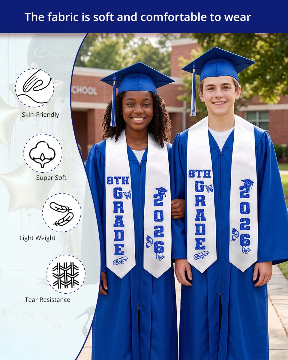 Class of 2026 8th Grade Graduation Stole with Glitter Letter - 2 Color Available