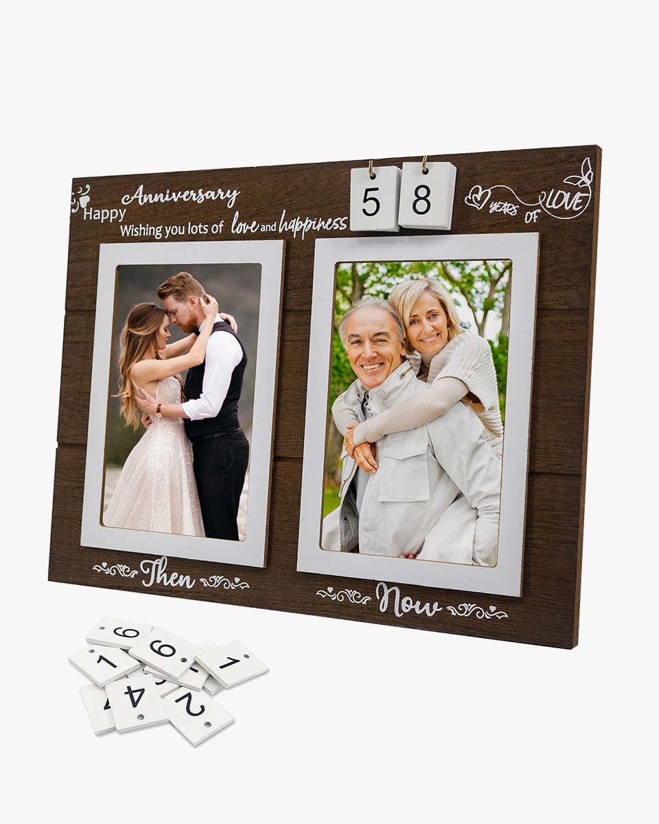Brown Anniversary Wood Photo Frame Holds Double 4x6 Pictures