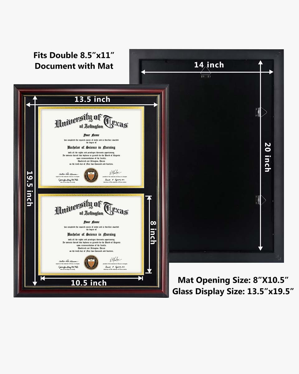 Double Certificate Documents Frame Real Wood with Gold Trim for 8.5"*11 - 4 Colors Available