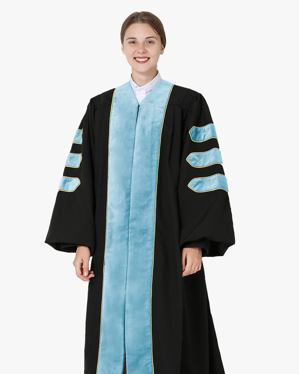 Deluxe Doctoral Gown Tam - Light Blue Trim with Gold Piping