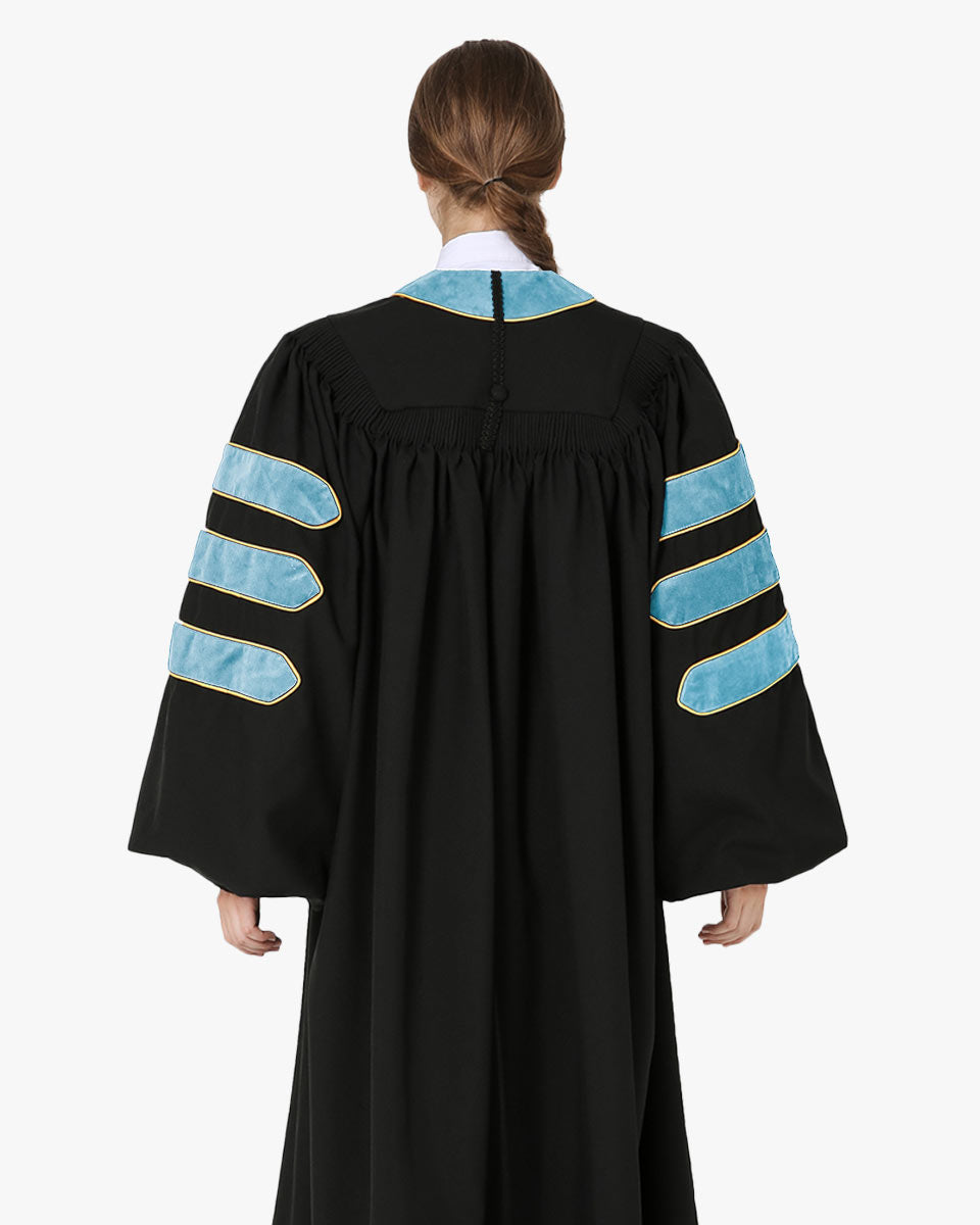 Deluxe Doctoral Gown Tam - Light Blue Trim with Gold Piping
