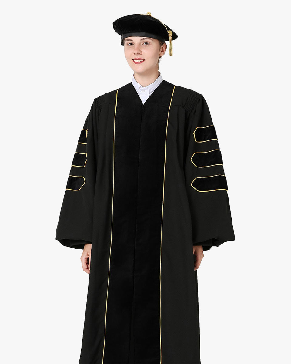 Deluxe Doctoral Gown Tam Black Trim with Gold Piping