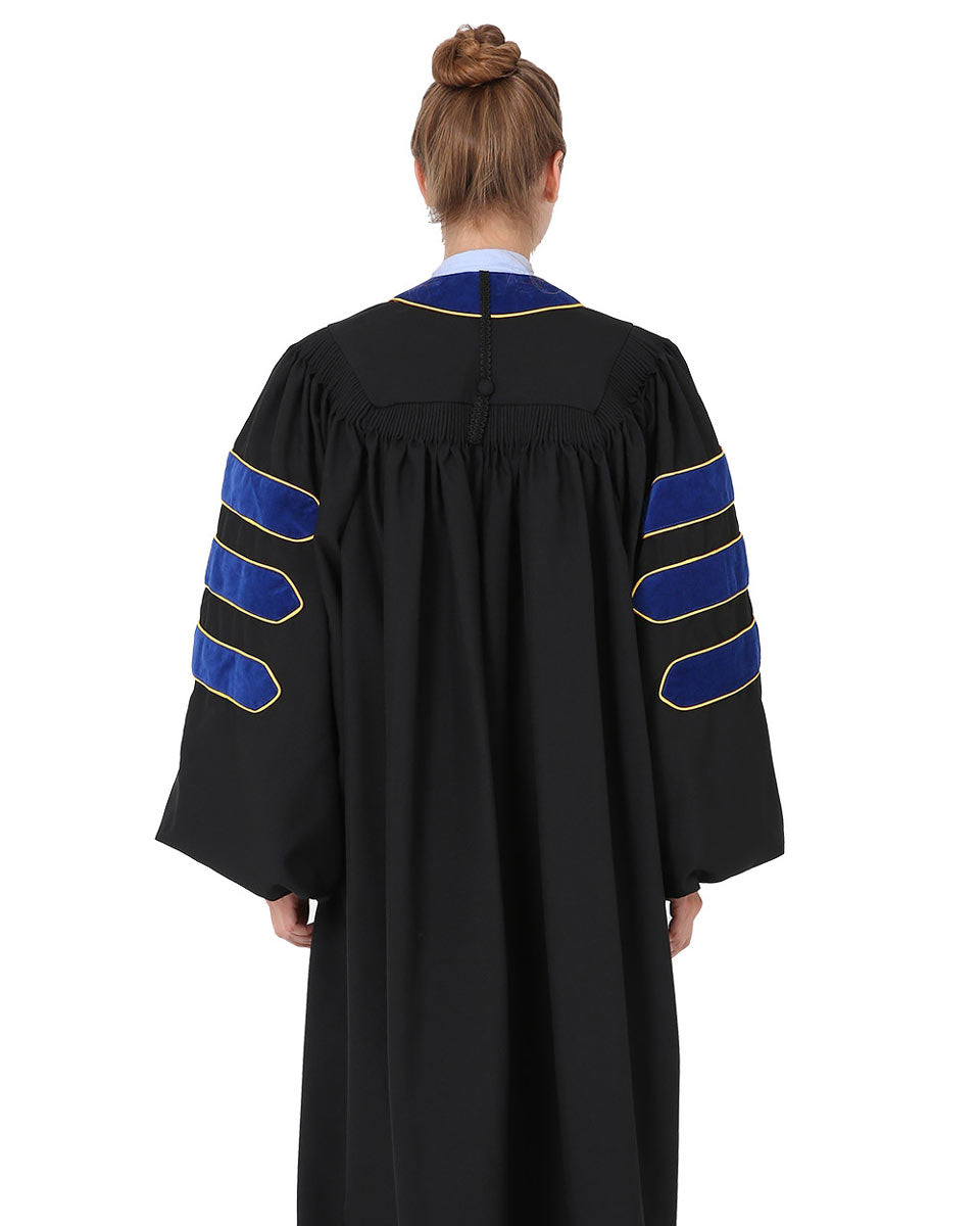 Deluxe Doctoral Gown Tam - PhD Blue Trim with Gold Piping