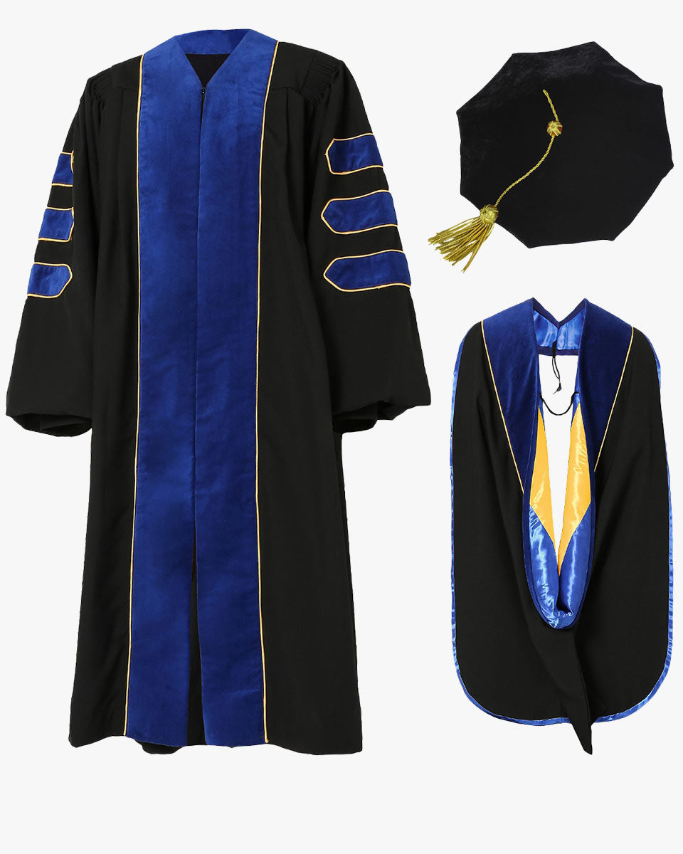 Deluxe Doctoral Tam,Gown & Hood Package - PhD Blue 45 (5'0"-5'2") / PhD Blue 6 Sided