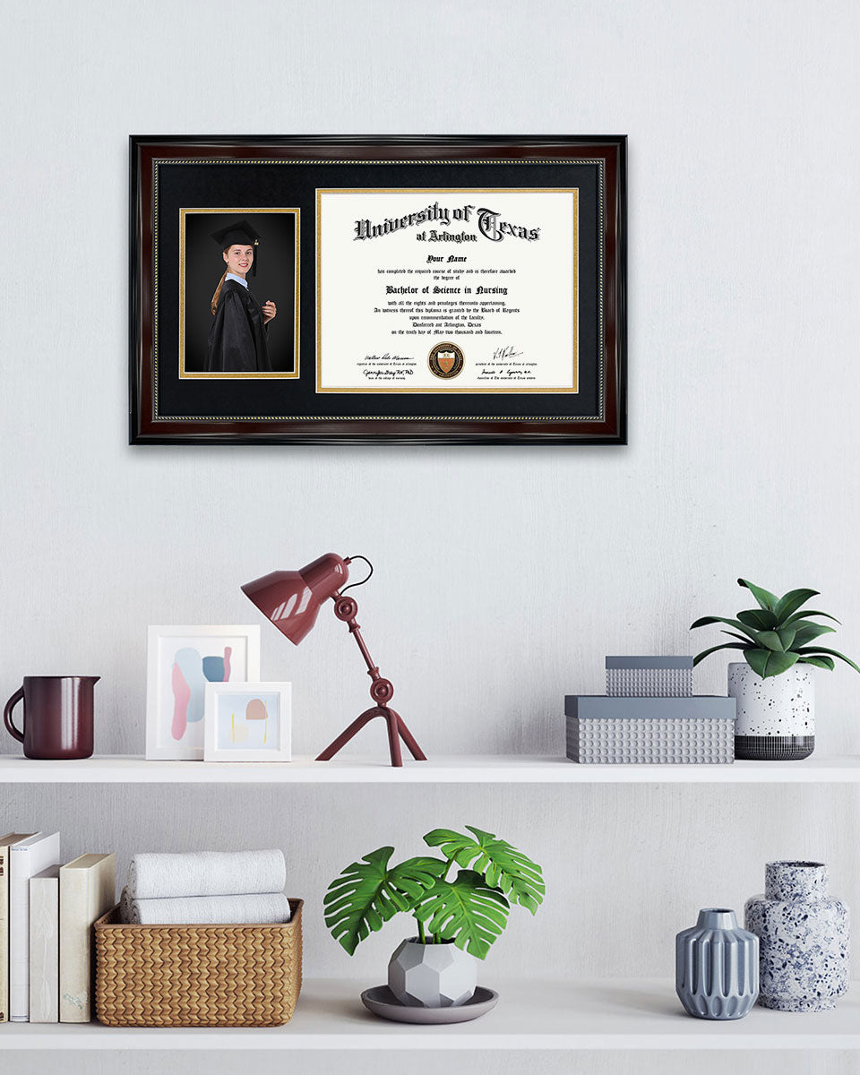 Certificate Document Picture Mahogany Frame with Black over Gold Double Mat
