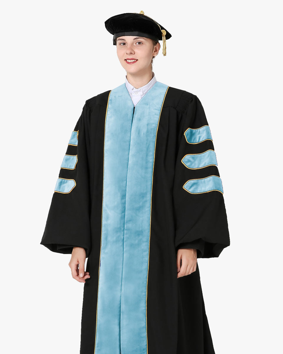 Deluxe Doctoral Gown Tam - Light Blue Trim with Gold Piping