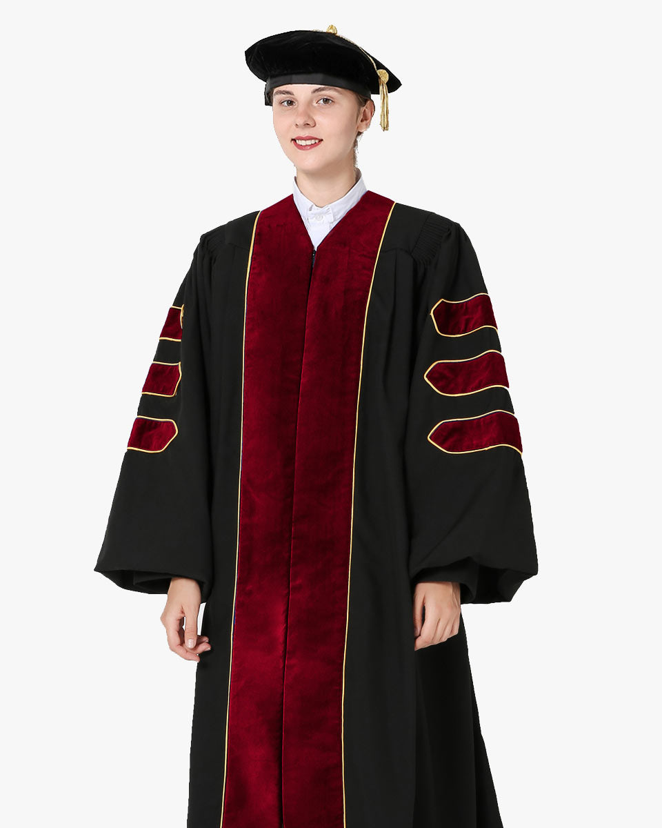 Deluxe Doctoral Gown Tam - Scarlet Trim with Gold Piping