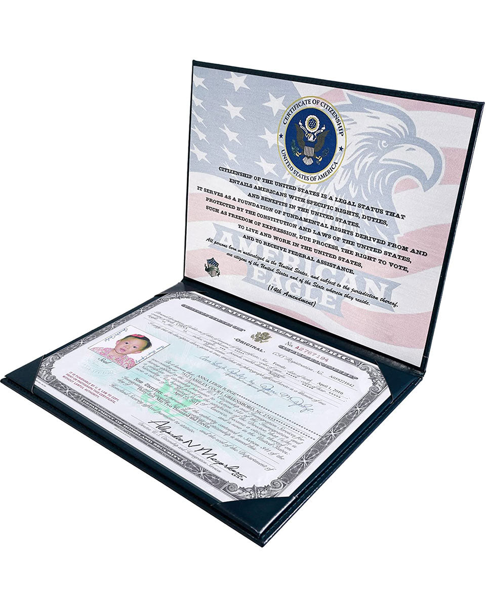 US Citizenship PU Naturalization Certificate Cover of with Gold Logo 'Certificate of Citizenship'