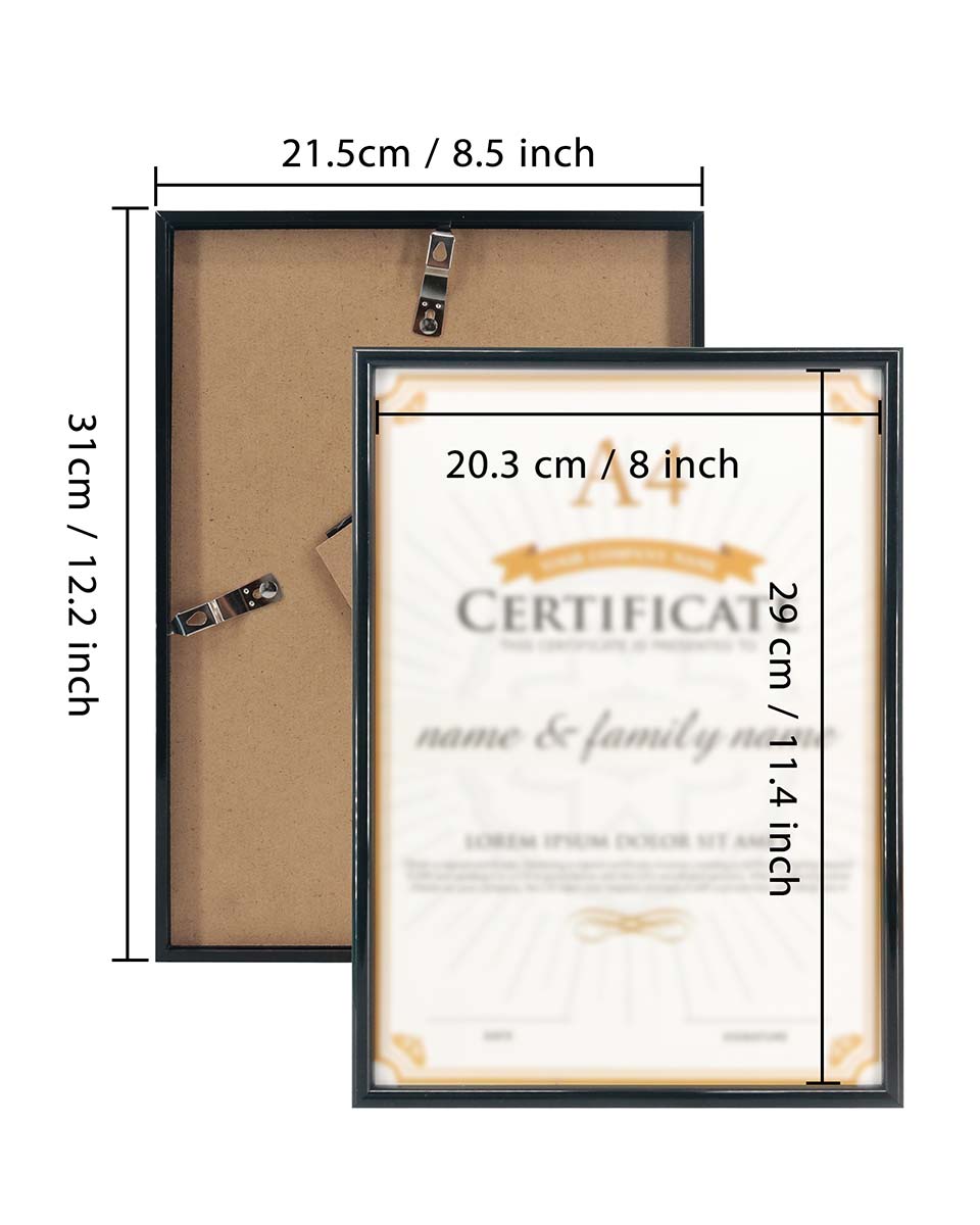 Black PVC Certificate Picture Frame with Plexiglass for A4