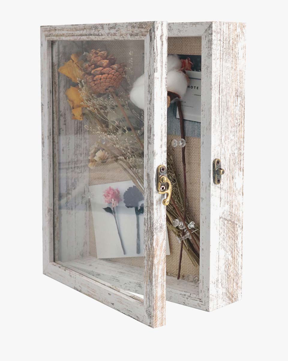 Rustic White Real Glass Shadow Box Frame Window Door With Hinge