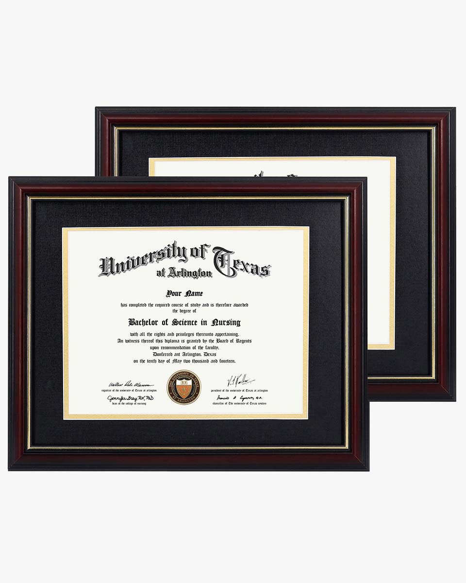 Certificate Documents Frame Real Wood with Gold Trim 8.5"*11" Pack of 2 - 13 Mat Colors Available