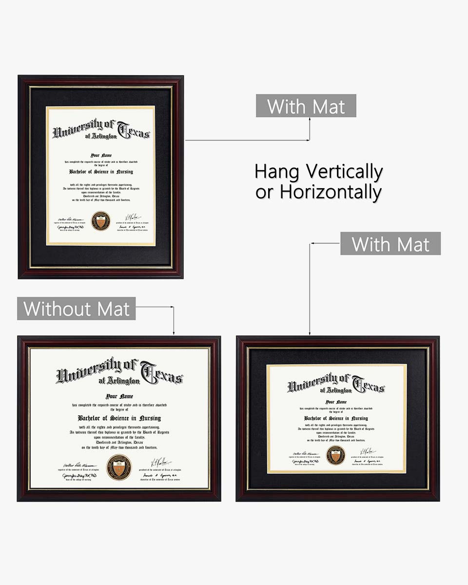 Certificate Documents Frame Real Wood with Gold Trim 8.5"*11" Pack of 2 - 13 Mat Colors Available