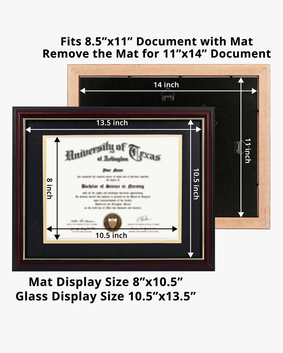 Certificate Documents Frame Real Wood with Gold Trim 8.5"*11" Pack of 2 - 13 Mat Colors Available