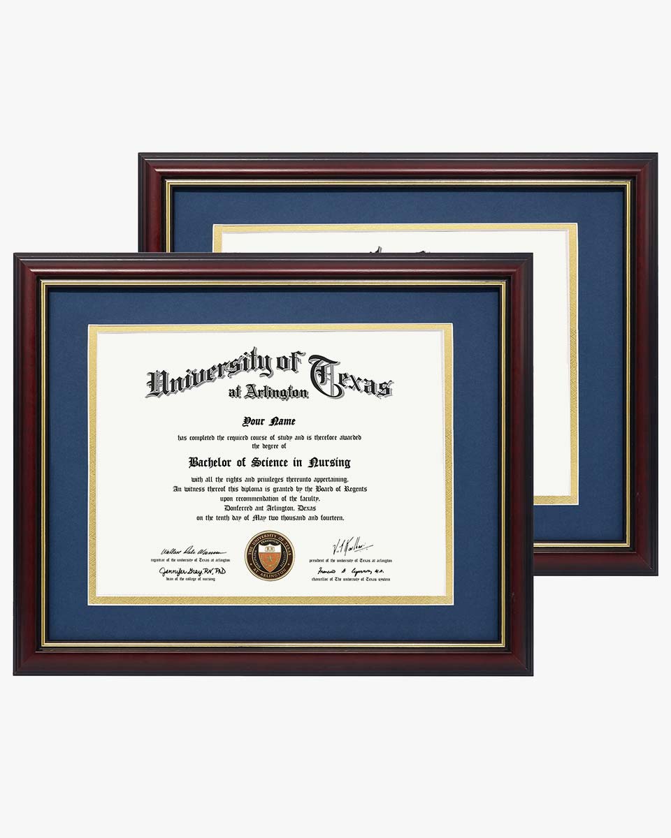 Certificate Documents Frame Real Wood with Gold Trim 8.5"*11" Pack of 2 - 13 Mat Colors Available