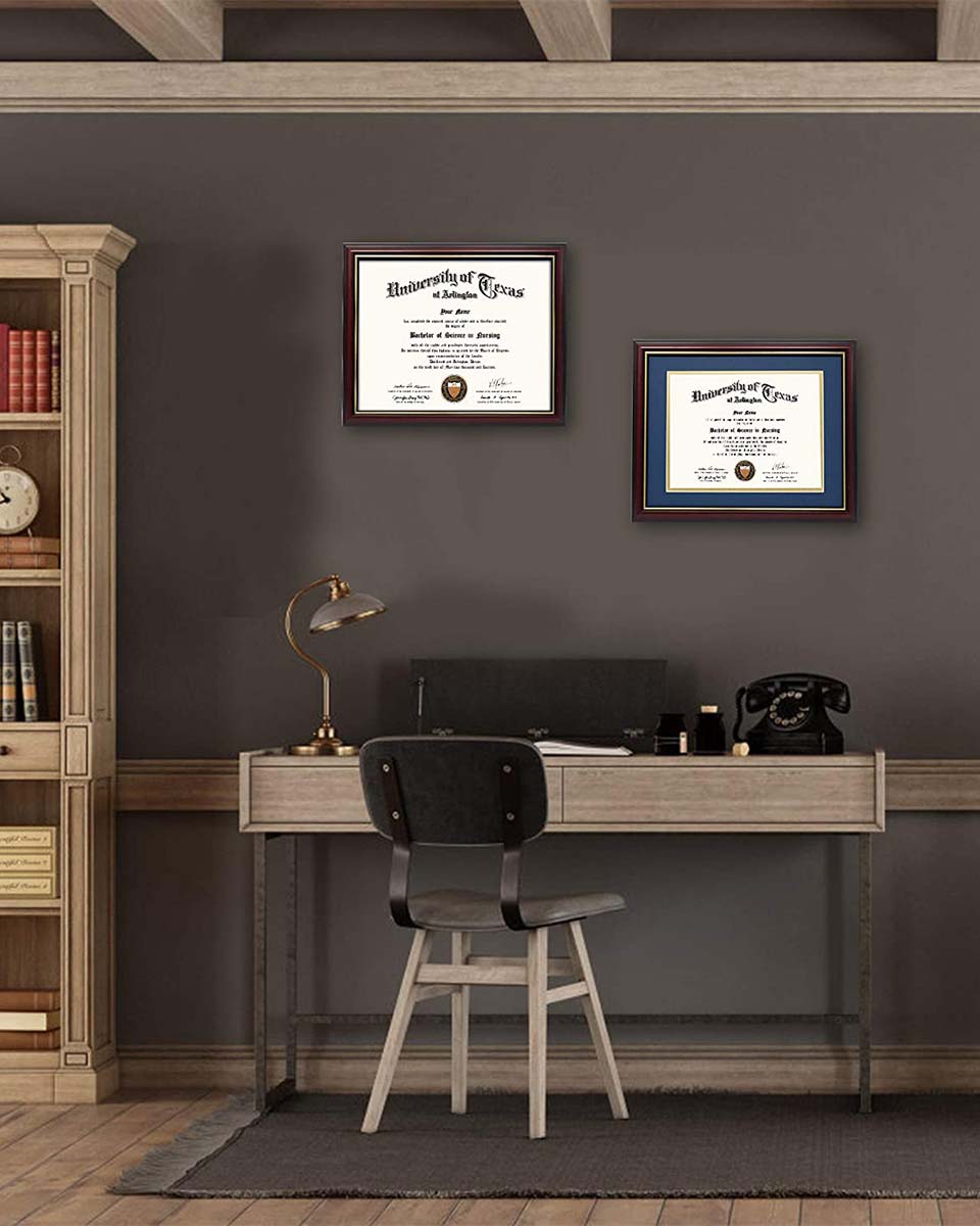 Certificate Documents Frame Real Wood with Gold Trim 8.5"*11" Pack of 2 - 13 Mat Colors Available