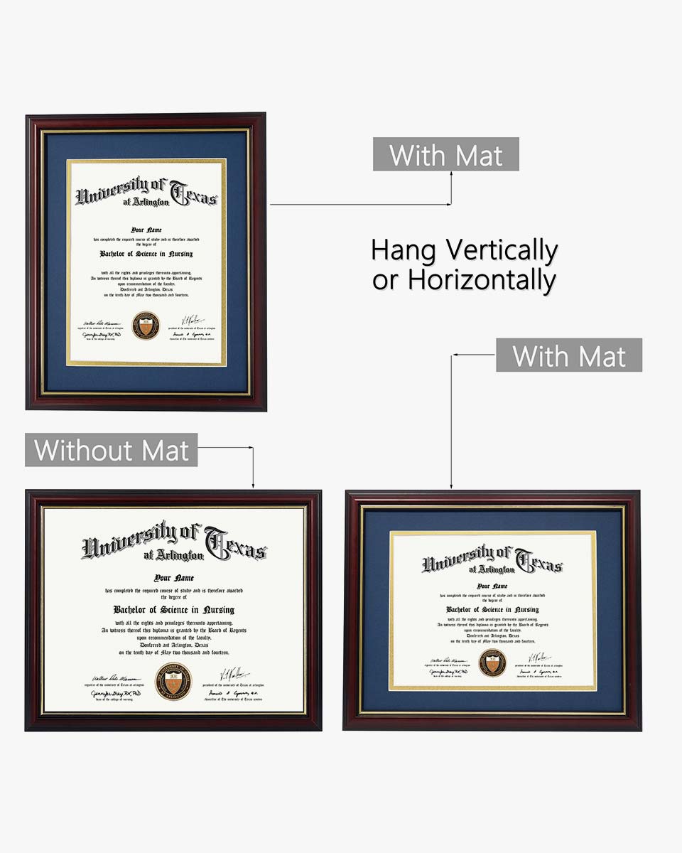 Certificate Documents Frame Real Wood with Gold Trim 8.5"*11" Pack of 2 - 13 Mat Colors Available