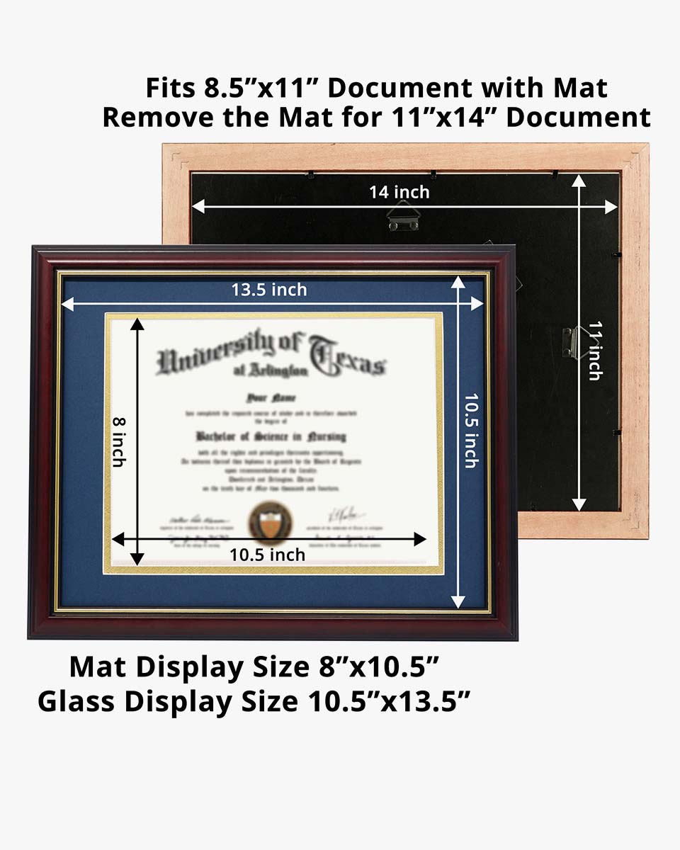 Certificate Documents Frame Real Wood with Gold Trim 8.5"*11" Pack of 2 - 13 Mat Colors Available