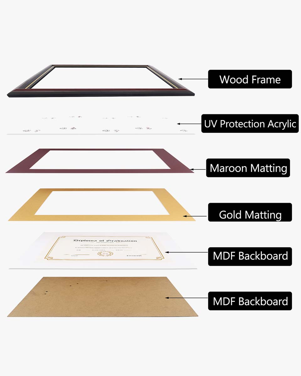 Certificate Documents Frame Real Wood with Gold Trim for 8.5"*11" - 13 Colors Available
