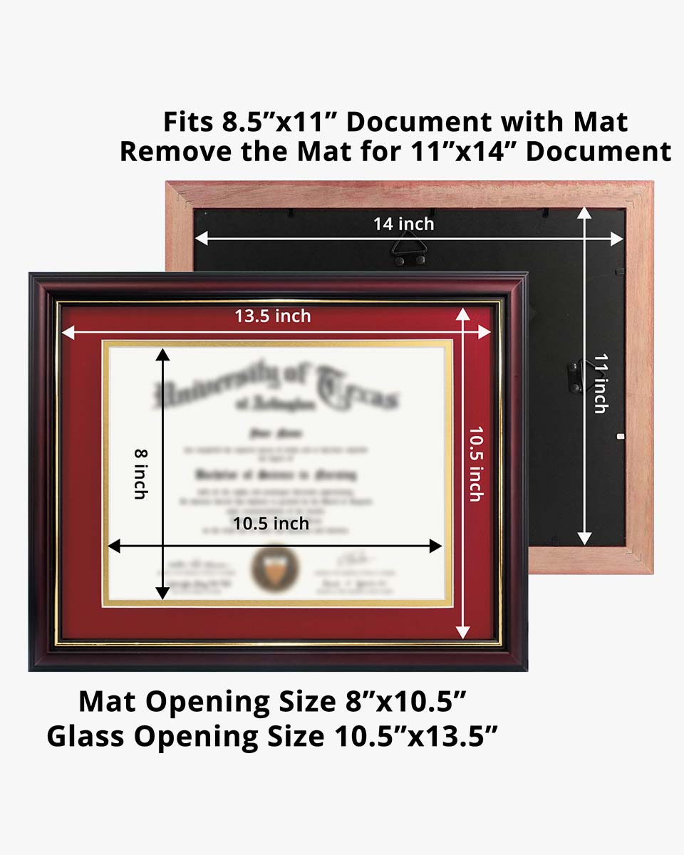 Certificate Documents Frame Real Wood with Gold Trim for 8.5"*11" - 13 Colors Available