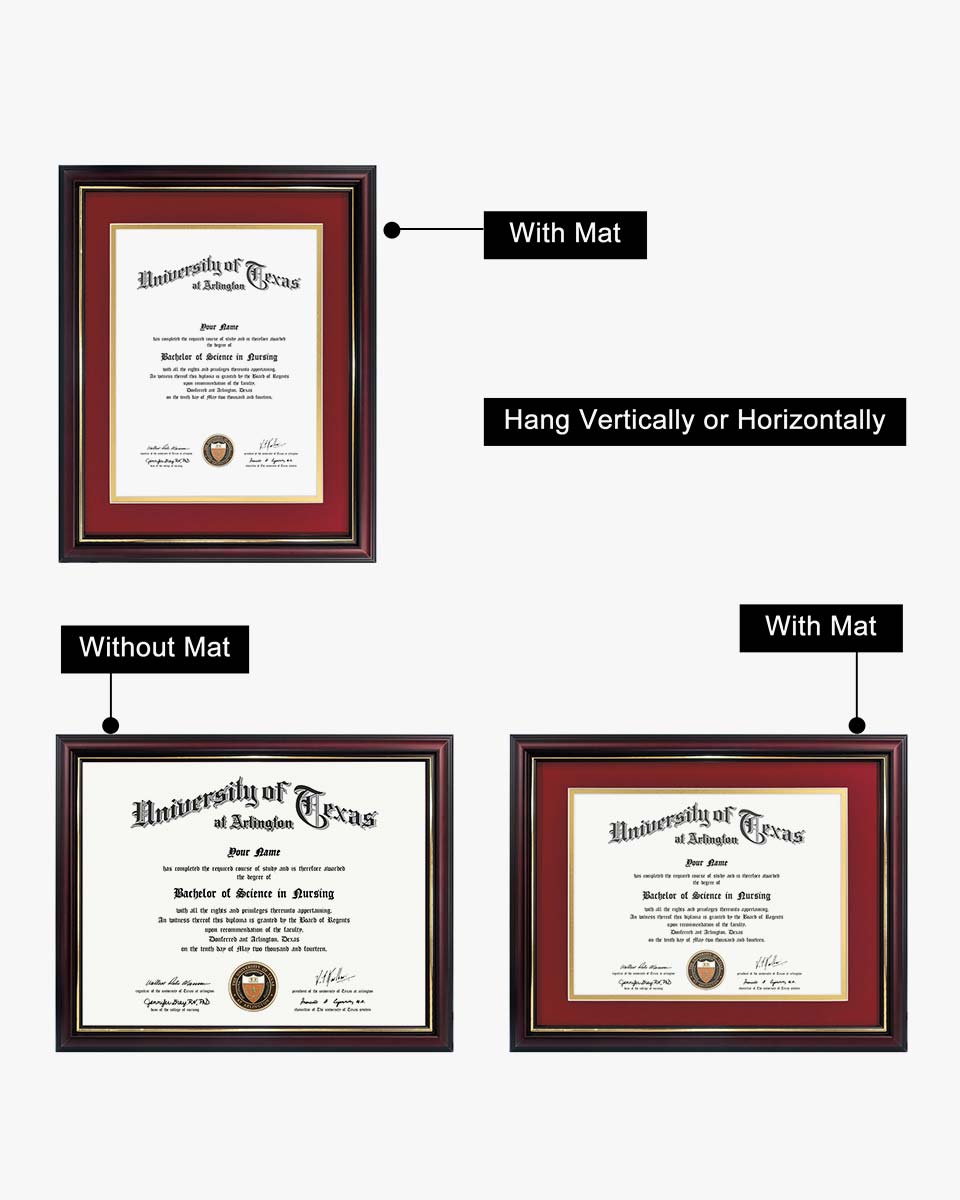 Certificate Documents Frame Real Wood with Gold Trim for 8.5"*11" - 13 Colors Available