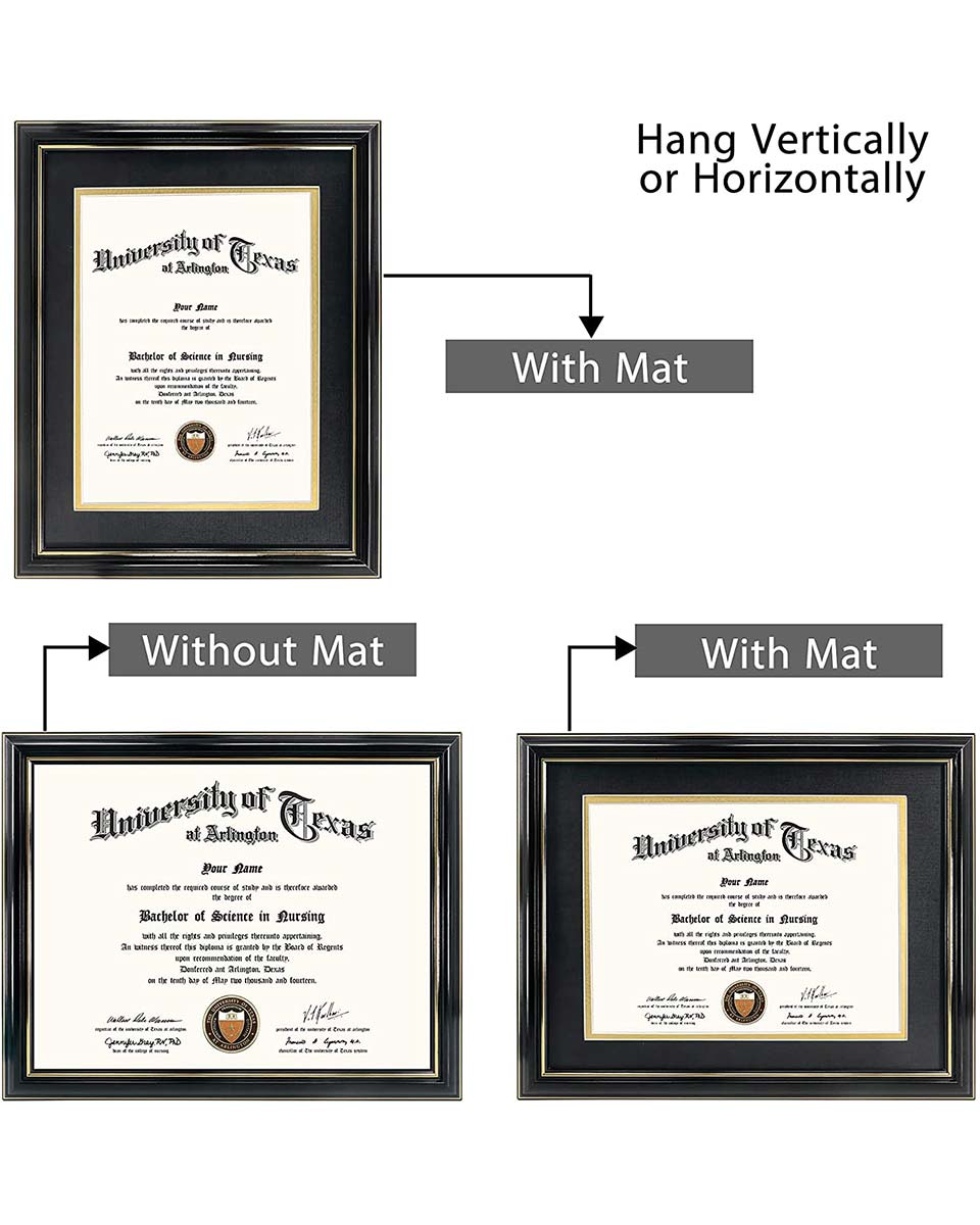 Certificate Documents Frame Real Wood with Gold Trim 8.5"*11" Pack of 2 - 13 Mat Colors Available