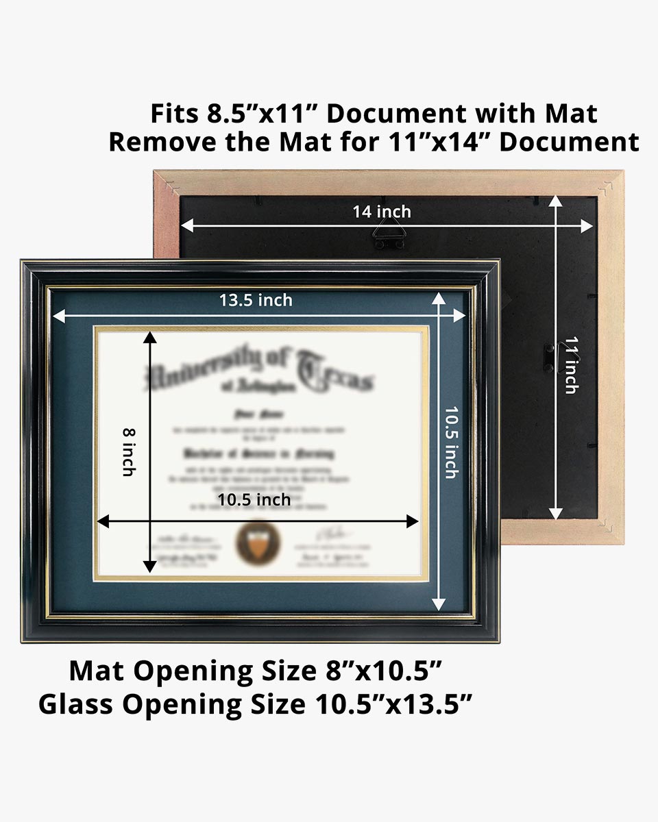 Certificate Documents Frame Real Wood with Gold Trim for 8.5"*11" - 13 Colors Available