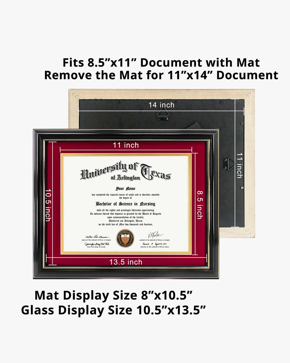 Certificate Documents Frame Real Wood with Gold Trim 8.5"*11" Pack of 2 - 13 Mat Colors Available