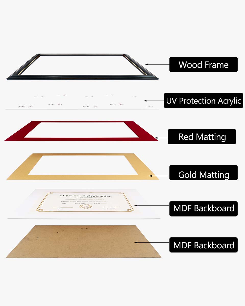 Certificate Documents Frame Real Wood with Gold Trim for 8.5"*11" - 13 Colors Available