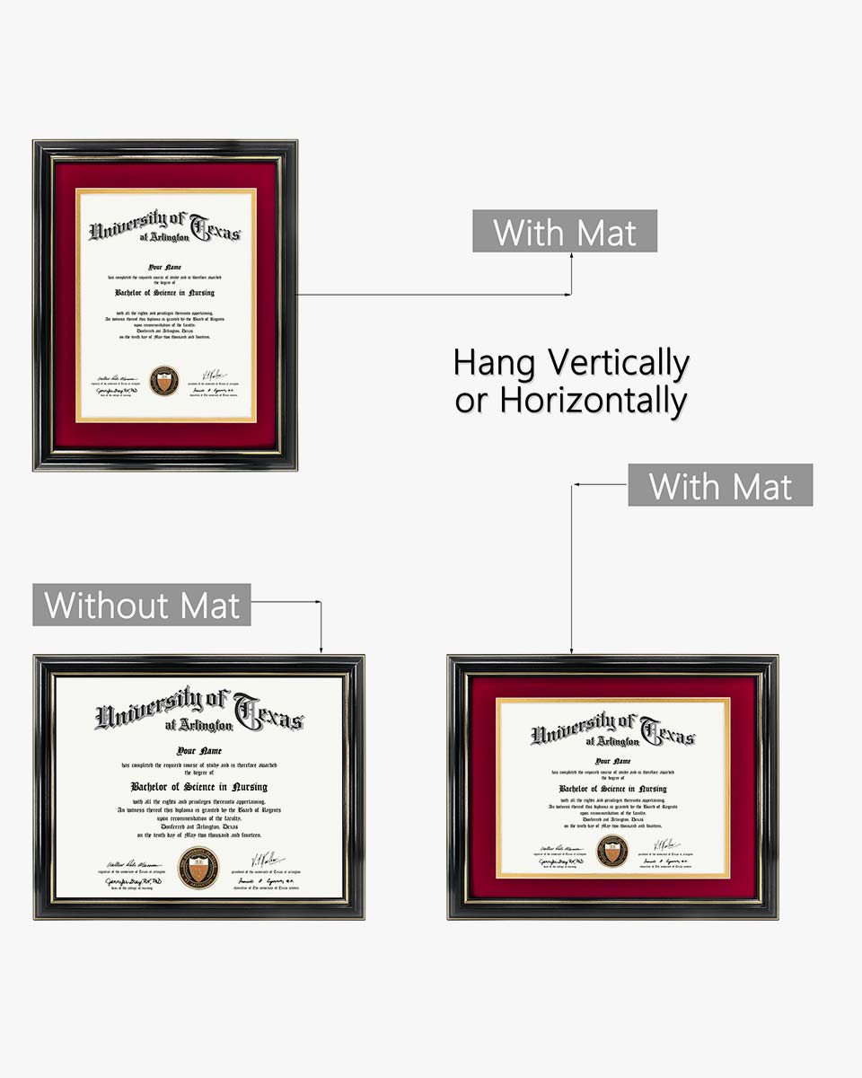 Certificate Documents Frame Real Wood with Gold Trim 8.5"*11" Pack of 2 - 13 Mat Colors Available