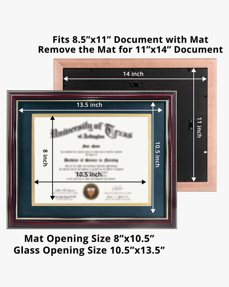 Certificate Documents Frame Real Wood with Gold Trim 8.5"*11" Pack of 2 - 13 Mat Colors Available