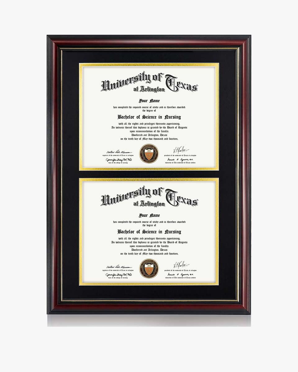 Graduation Certificate Double Documents Frame Cherry Real Wood with Gold Trim - 8.5"*11