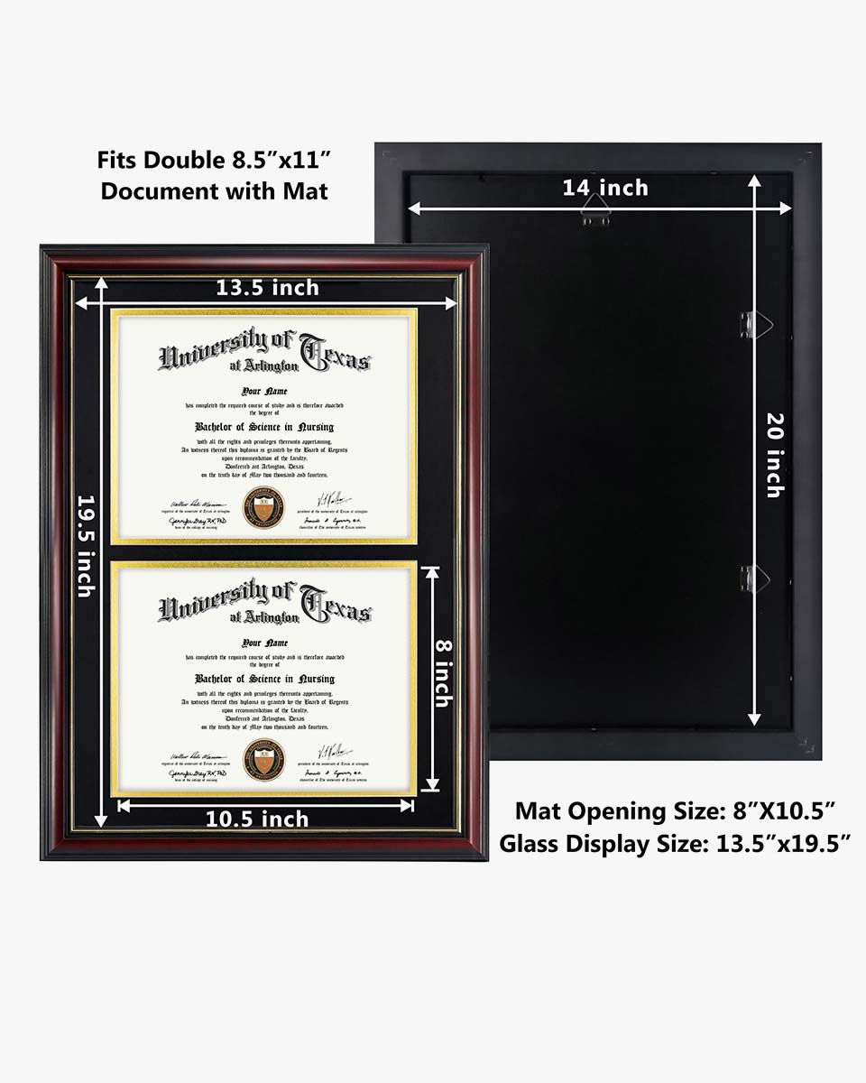 Graduation Certificate Double Documents Frame Cherry Real Wood with Gold Trim - 8.5"*11