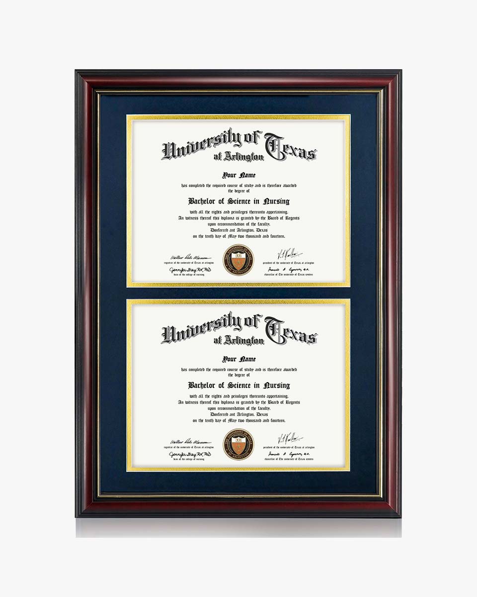 Graduation Certificate Double Documents Frame Cherry Real Wood with Gold Trim - 8.5"*11