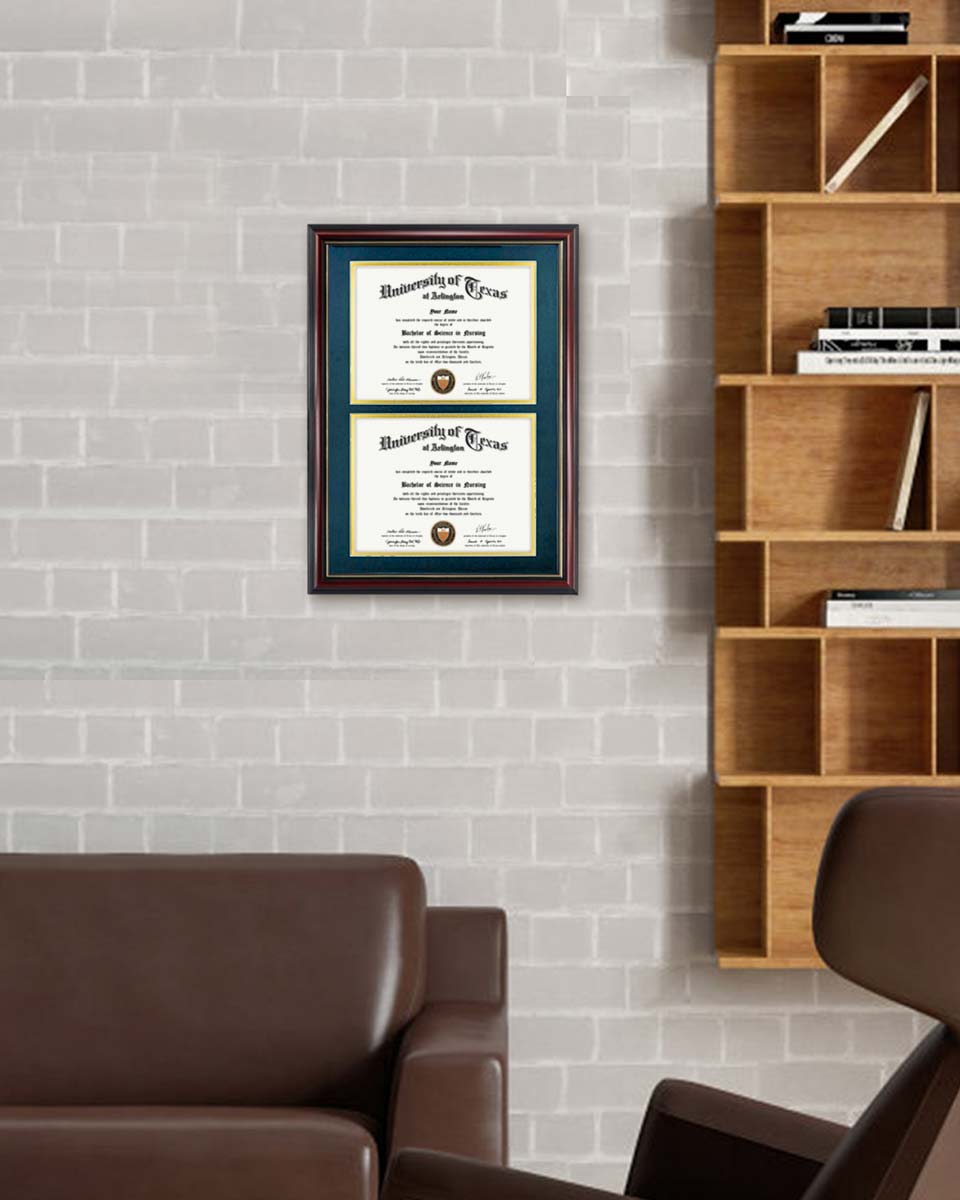 Graduation Certificate Double Documents Frame Cherry Real Wood with Gold Trim - 8.5"*11