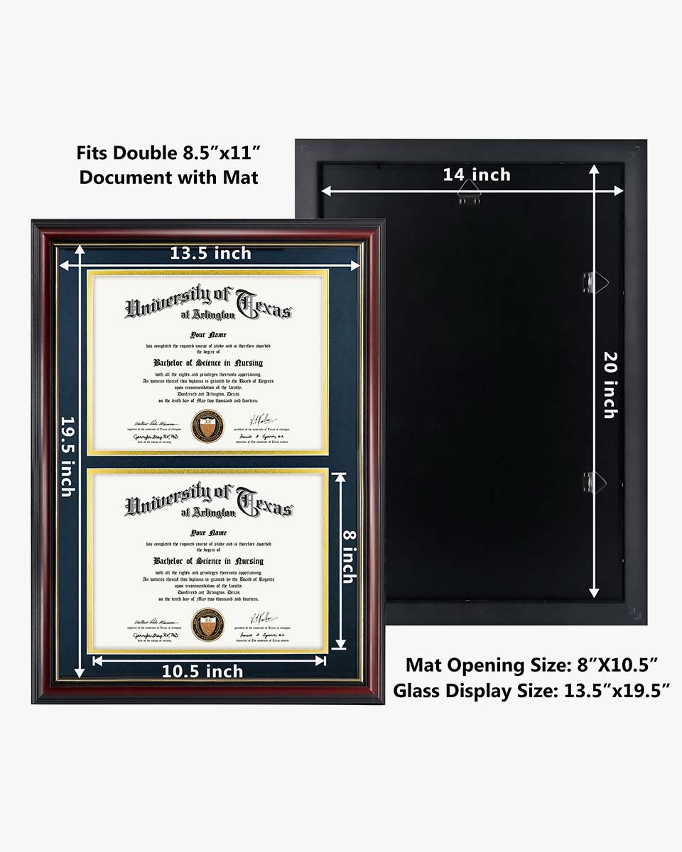 Graduation Certificate Double Documents Frame Cherry Real Wood with Gold Trim - 8.5"*11