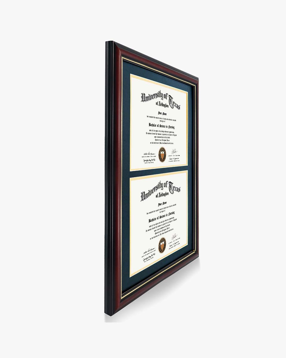 Graduation Certificate Double Documents Frame Cherry Real Wood with Gold Trim - 8.5"*11